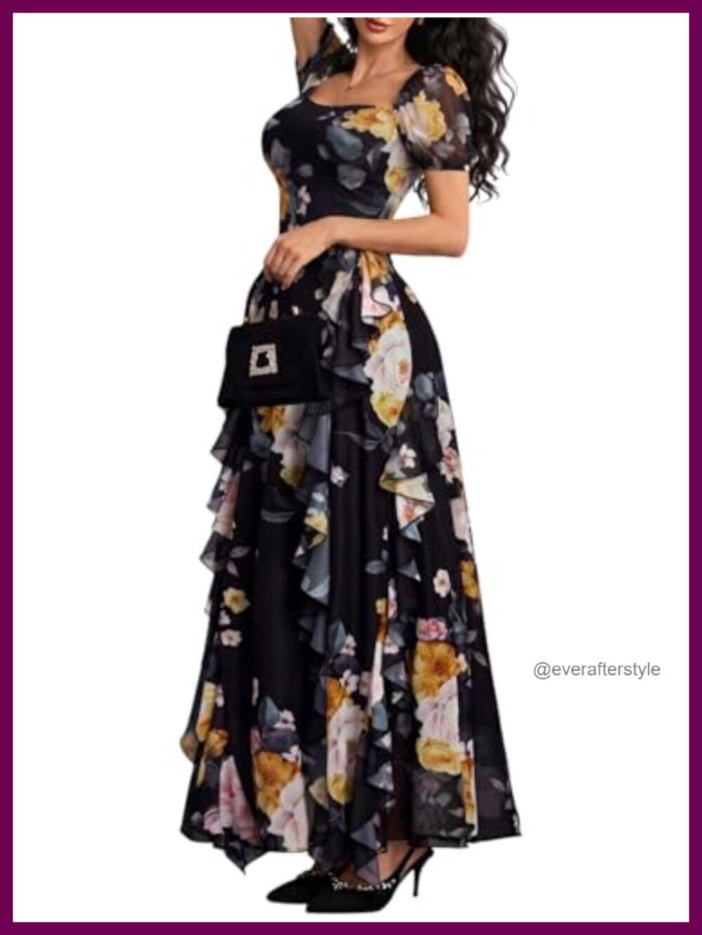 Women Floral Dress Square Neck Puff Sleeve Ruffle Party A-Line Maxi